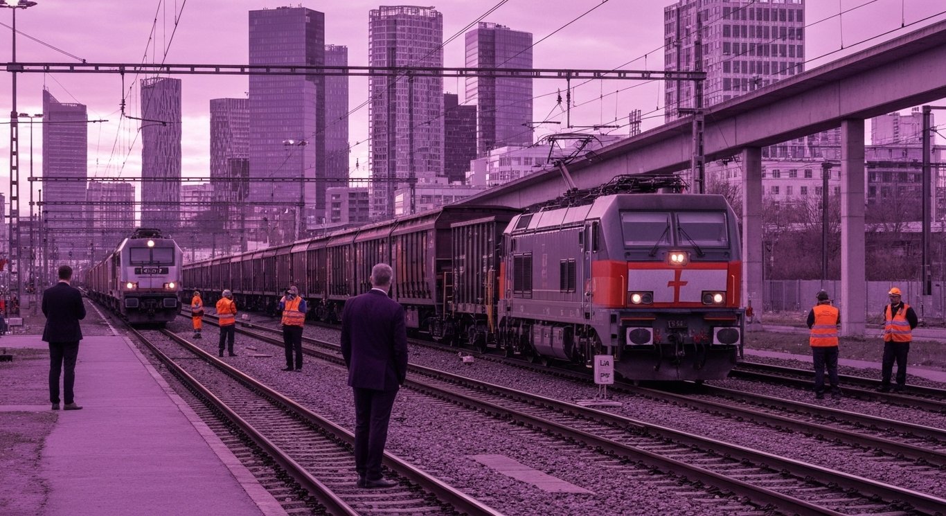 Freight train in a rail yard with officials and workers nearby, city skyline and purple tones in the background