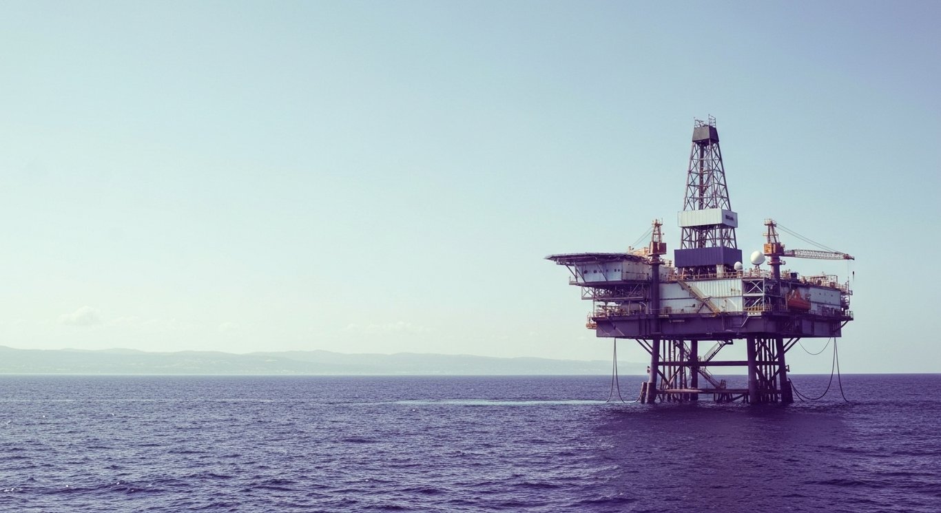Offshore oil platform with drilling equipment near coastline and ocean, under a clear sky with a purple hue