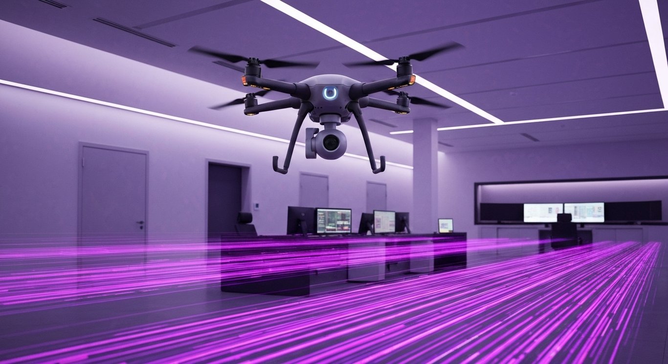 Surveillance drone above technology control center with subtle digital effects and purple hues