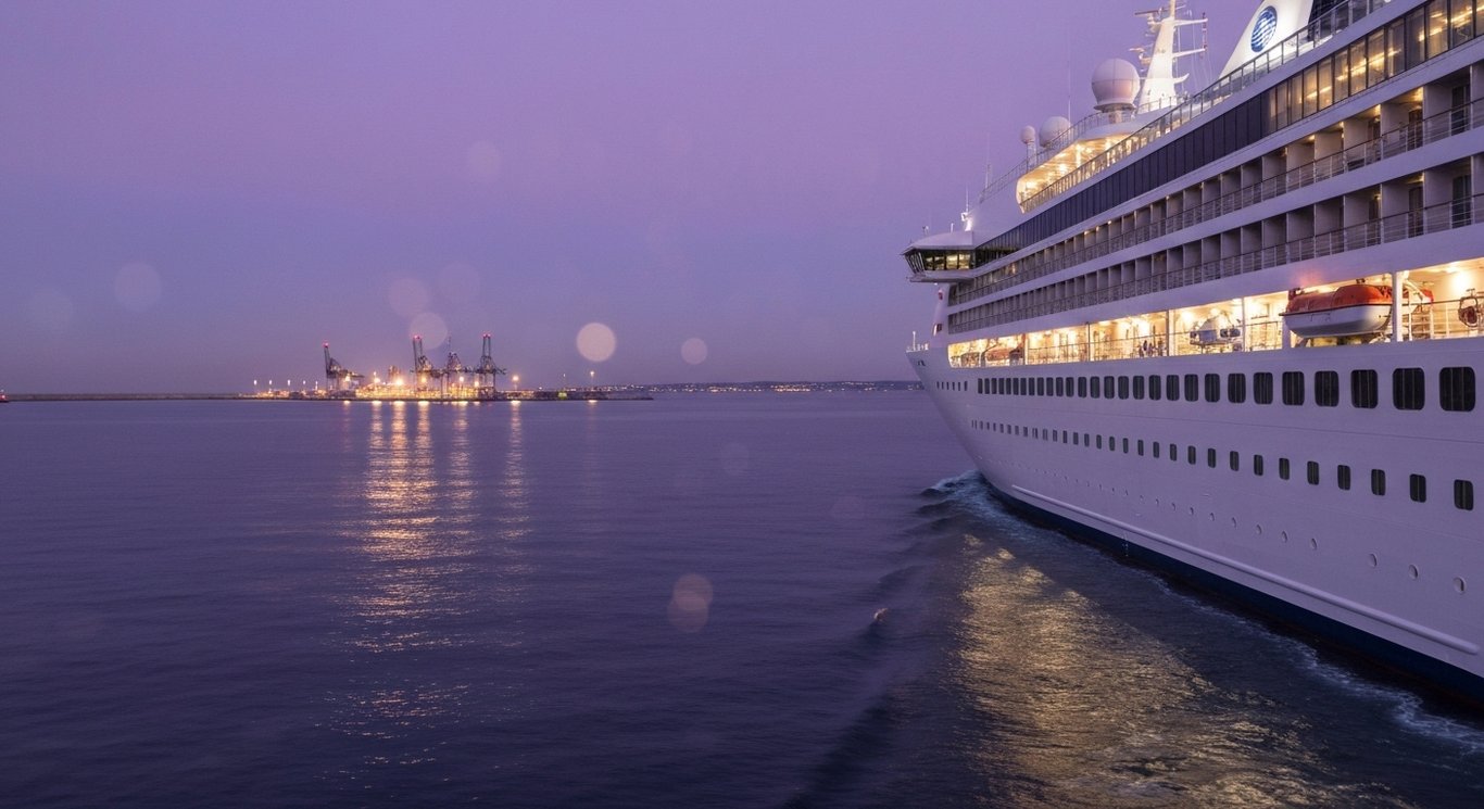 Cruise ship glides on calm water with soft purple lighting and distant harbor lights