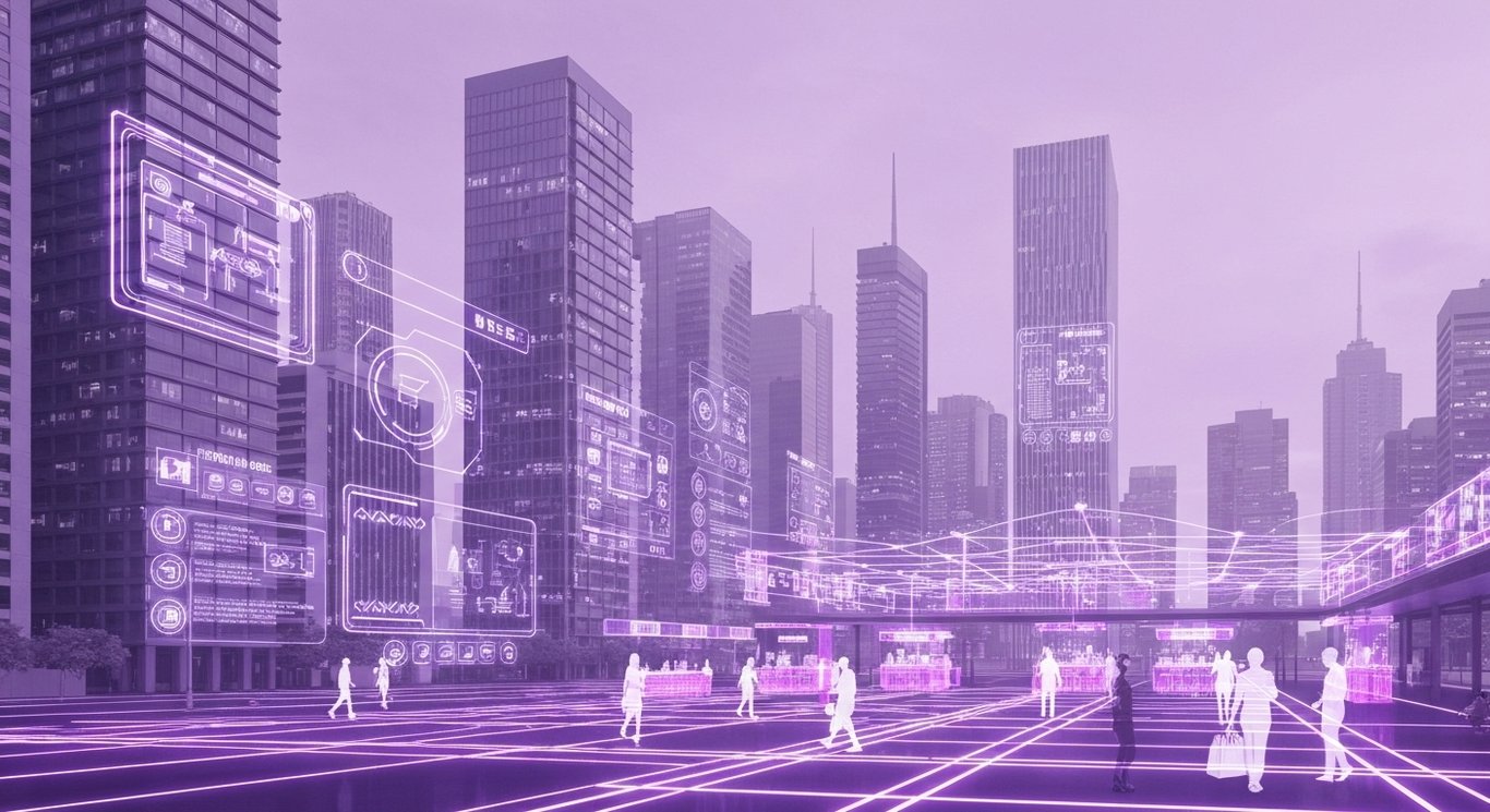 Modern cityscape with digital interfaces and a stylized urban marketplace in soft purple tones