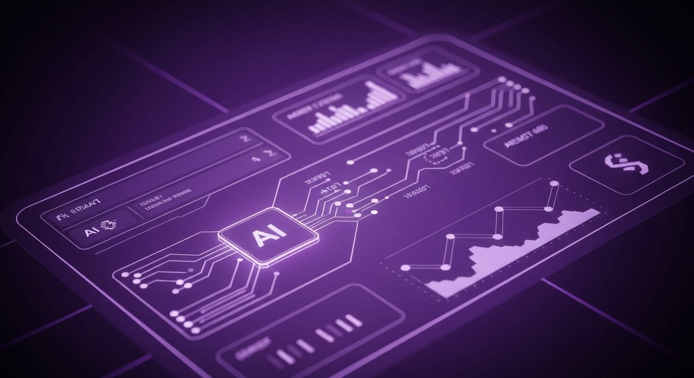 Abstract data interface with glowing AI elements on a modern workspace against a purple background