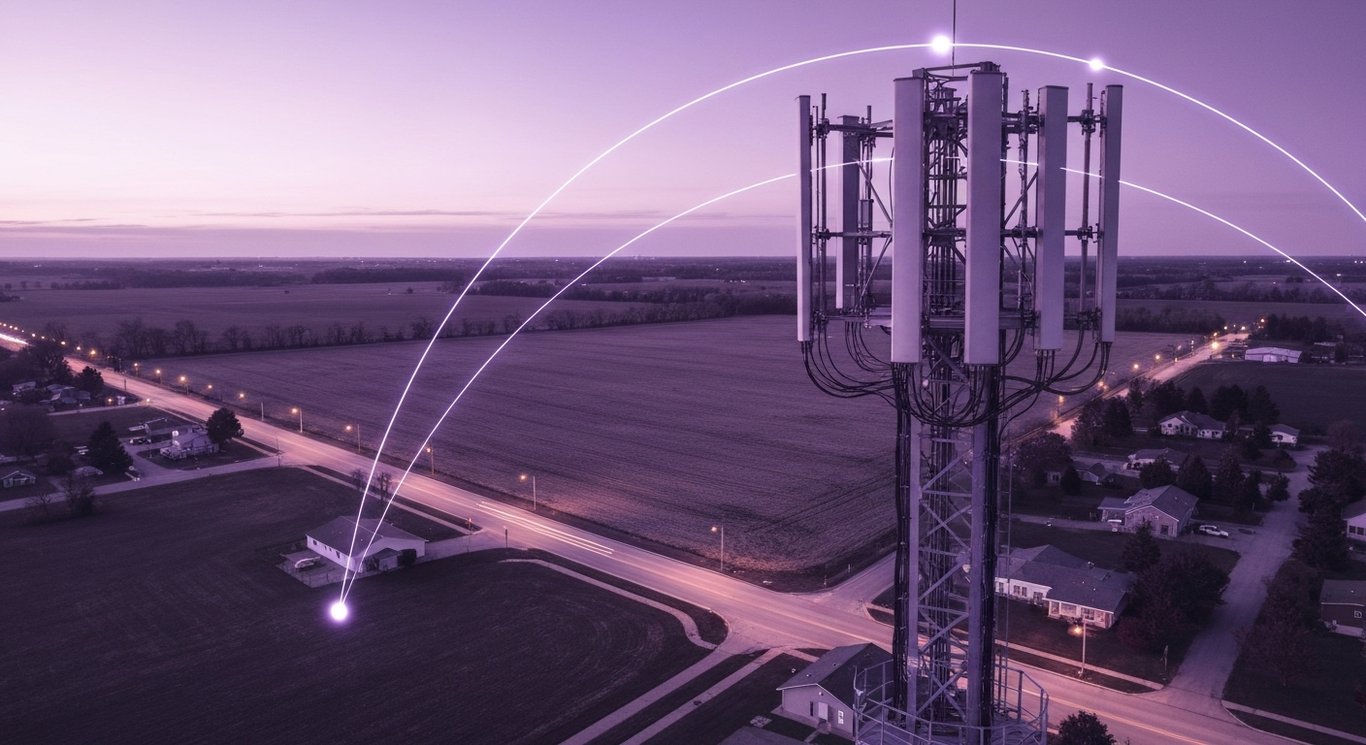 Cellular tower with antenna arrays over rural farmland and small town streets at dusk with subtle glowing coverage arcs