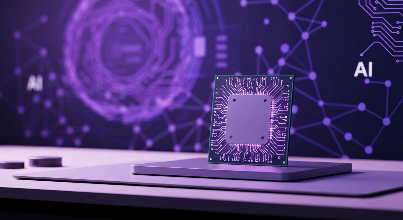 Modern computer chip on sleek workstation with abstract purple-toned AI backgrounds