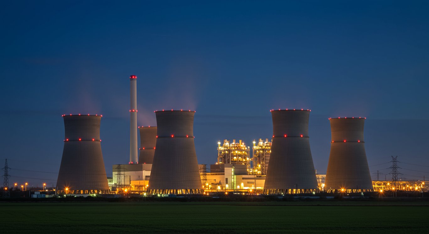 Power plant illuminated at night, symbolizing clean energy.