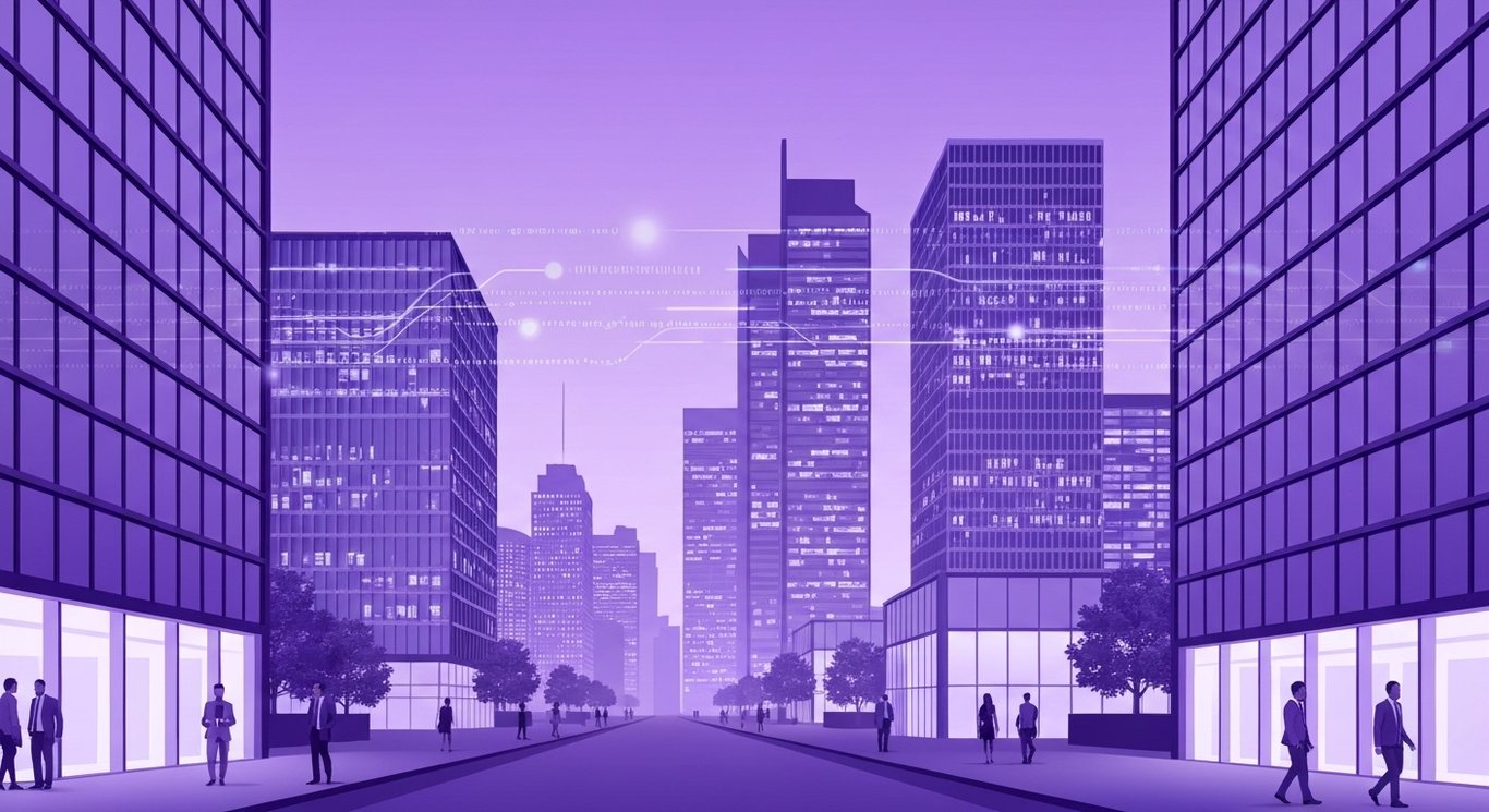 Modern cityscape with digital data streams and business professionals, all in a purple minimalist style