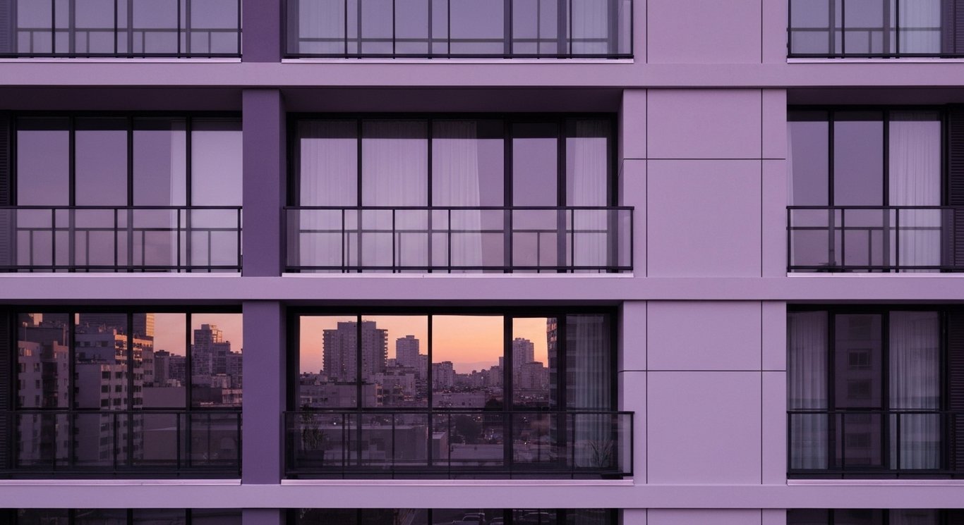 Modern apartment building with clean lines set against a soft purple cityscape at dusk
