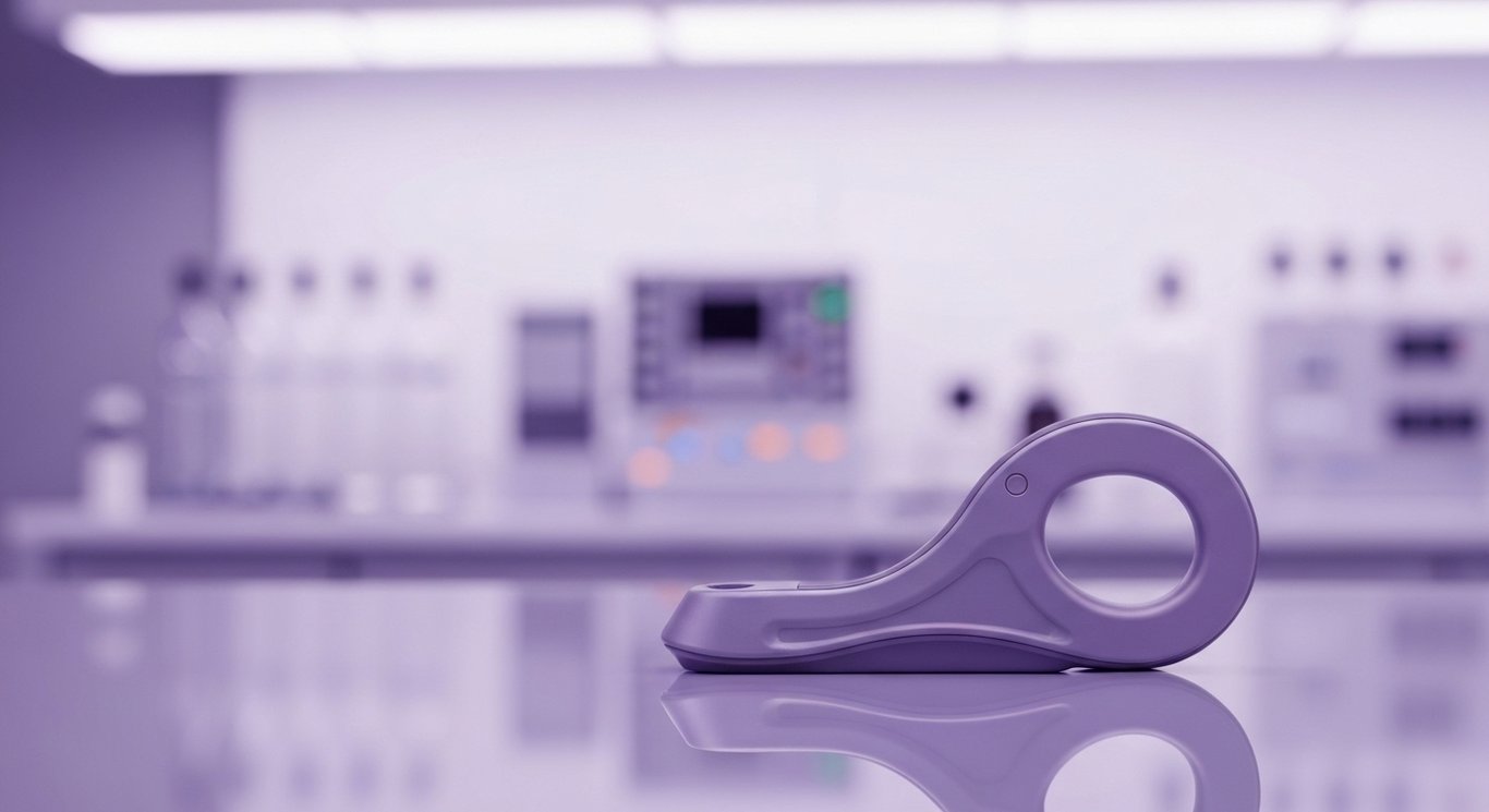 Medical heart valve device on reflective surface in front of a blurred laboratory background