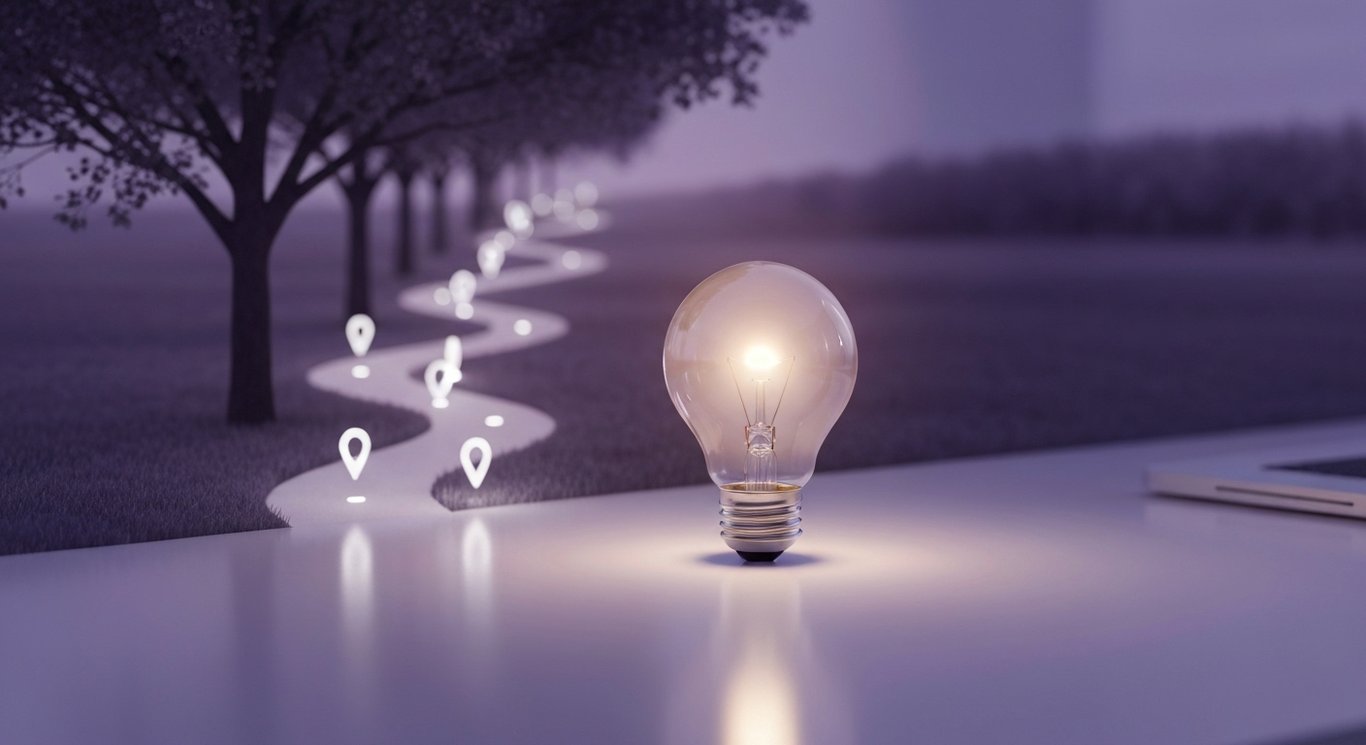 Glass lightbulb softly glowing beside a winding path with simple waypoints on a clean desk