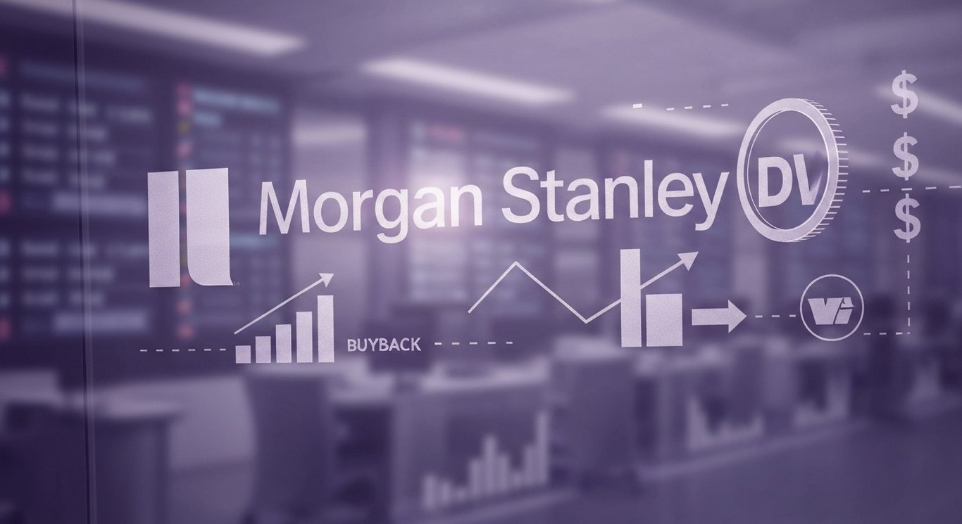 Logo etched in glass with growth charts, dividend coin, buyback arrows, wealth icons, purple data streams, soft reflections