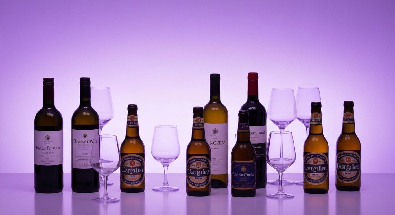 Premium wine and beer bottles with clear glasses in front of a soft purple gradient background