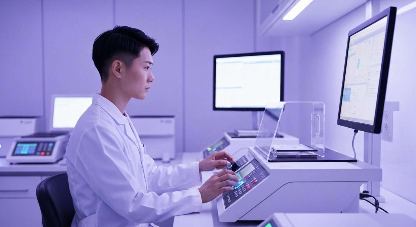 Laboratory scientist examines advanced diagnostic equipment in a modern research facility with a purple color scheme