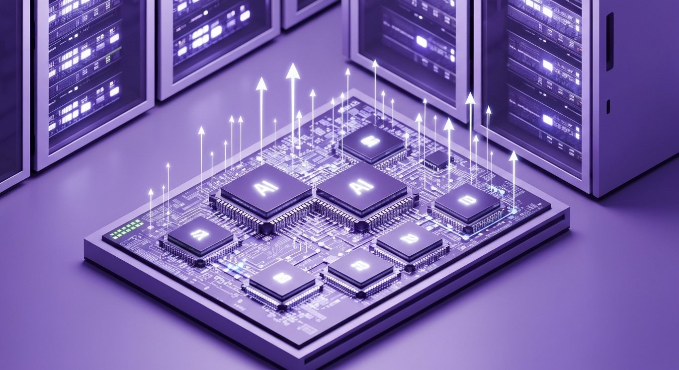 Cloud server racks and AI chip cluster glowing in a sleek data center with subtle purple lighting