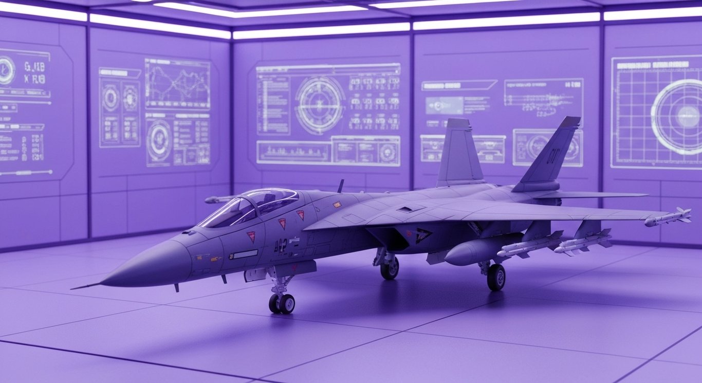 Advanced military aircraft in a modern hangar with digital displays and a purple-toned ambiance