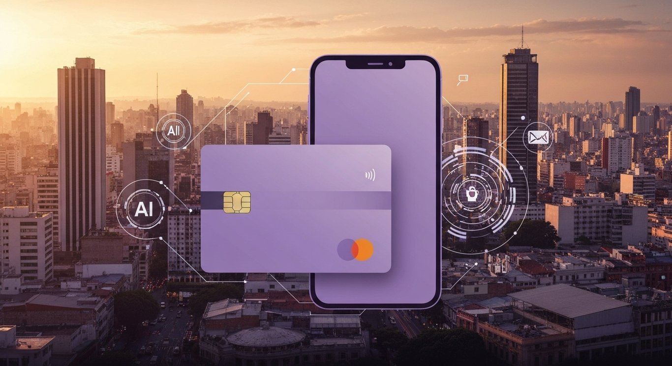 Banking card and smartphone with AI icons, set against a Latin American cityscape with purple tones