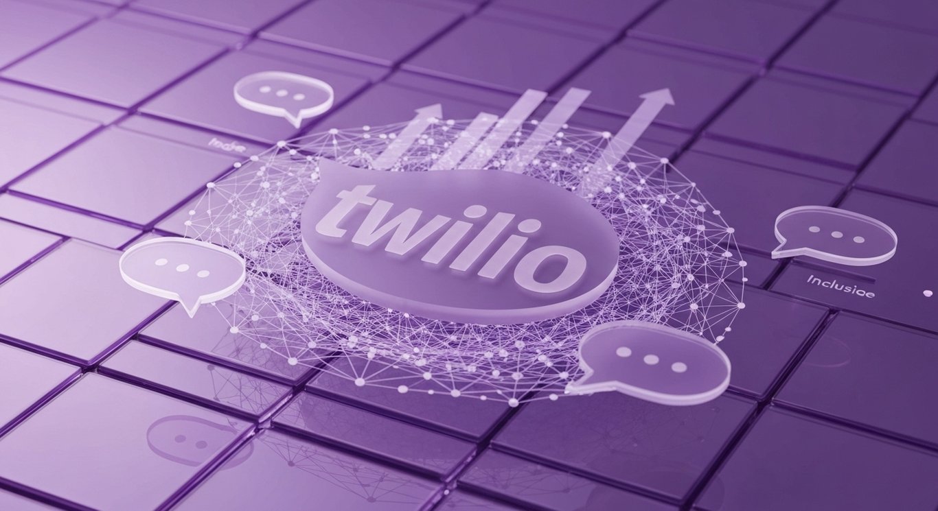 Logo in frosted glass with AI lattice, rising guidance bars, mid-cap index inclusion motif, investor-focused purple scene