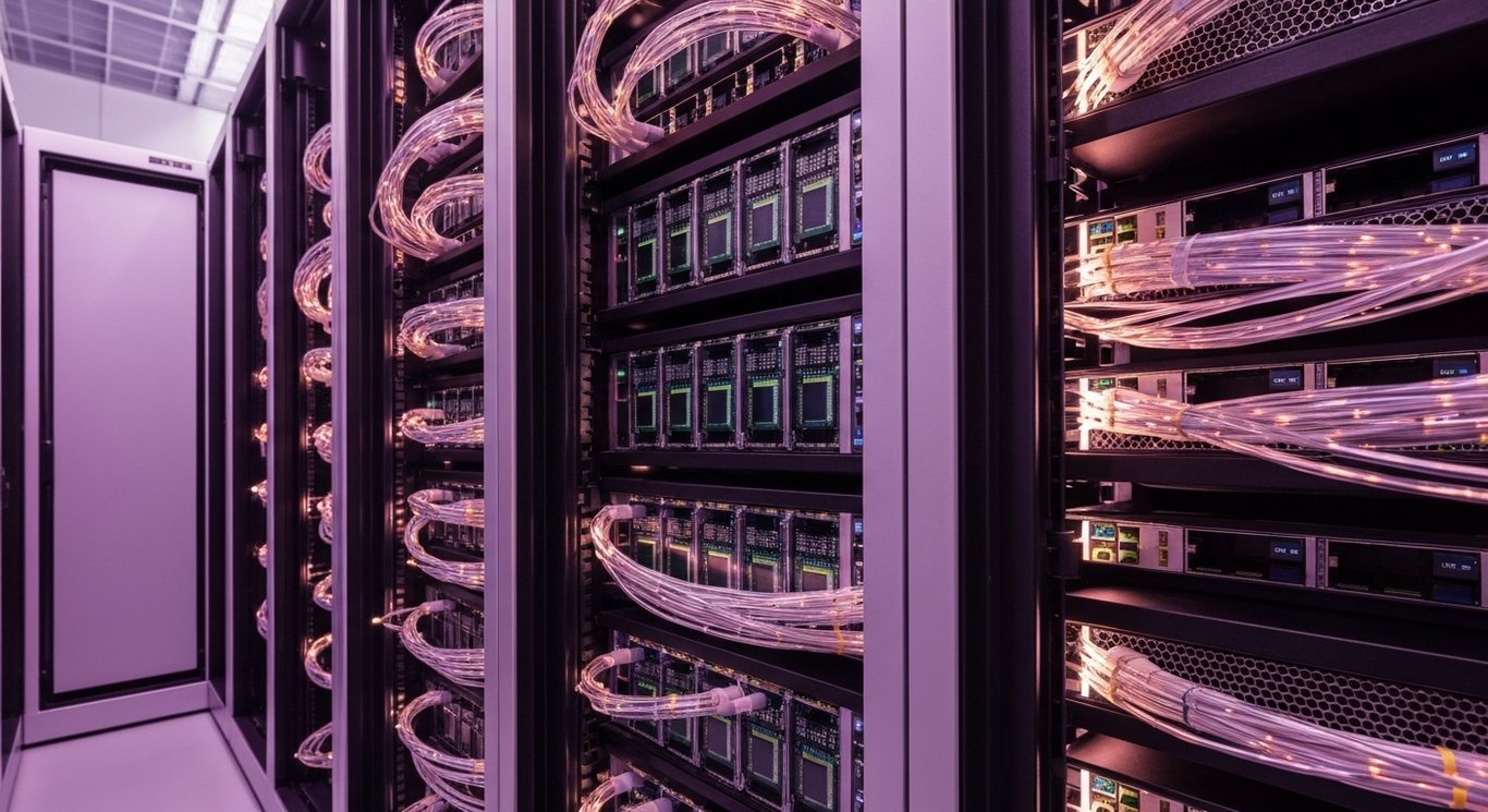 Server racks with glowing chips and optical cables in a sleek, high-tech data center