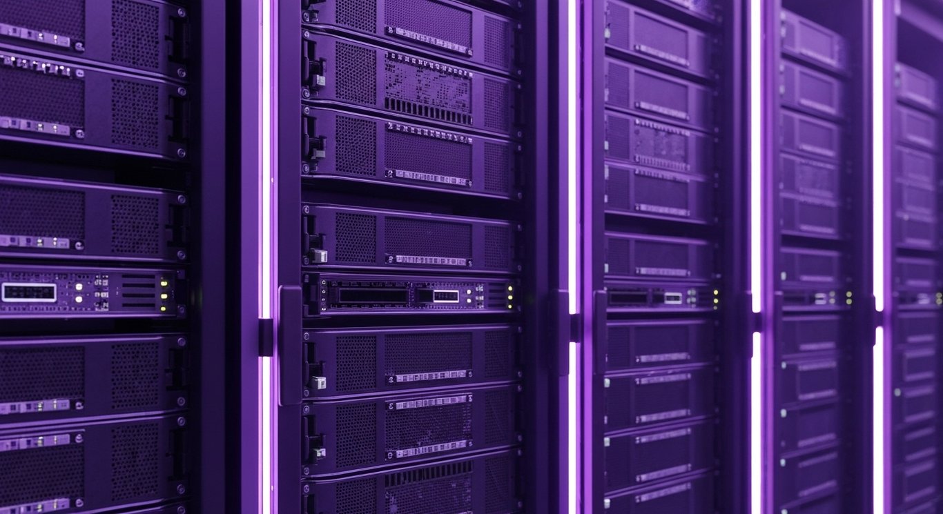 Modern AI server racks in a sleek data center with purple ambient lighting