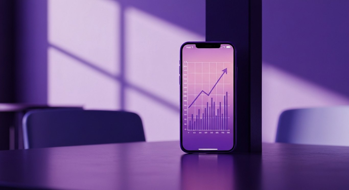 Modern smartphone showing a graph on a sleek table in a softly lit purple-themed office