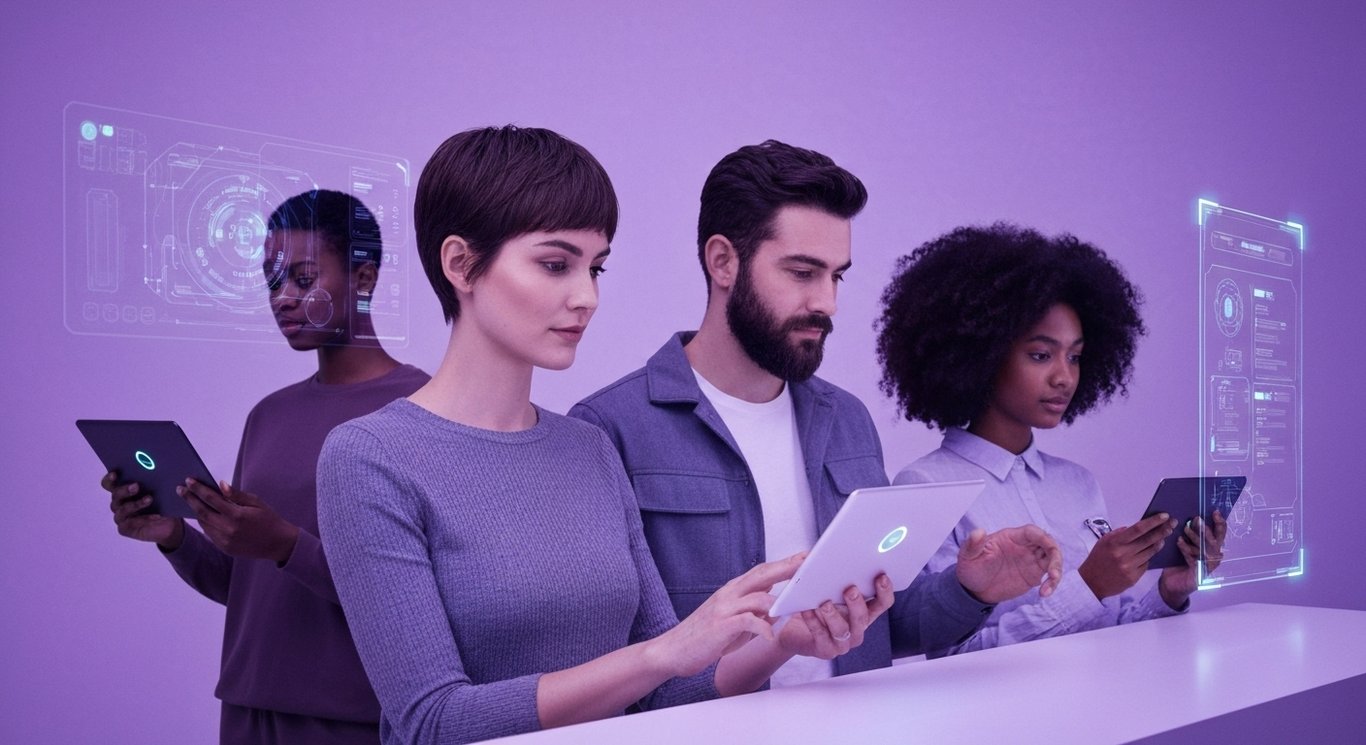 Group of young people using digital devices in a glowing, futuristic virtual space with soft purple hues