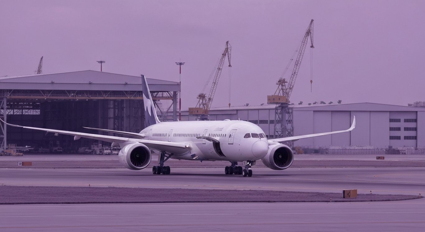Modern commercial aircraft on a runway with a busy production hangar in the background