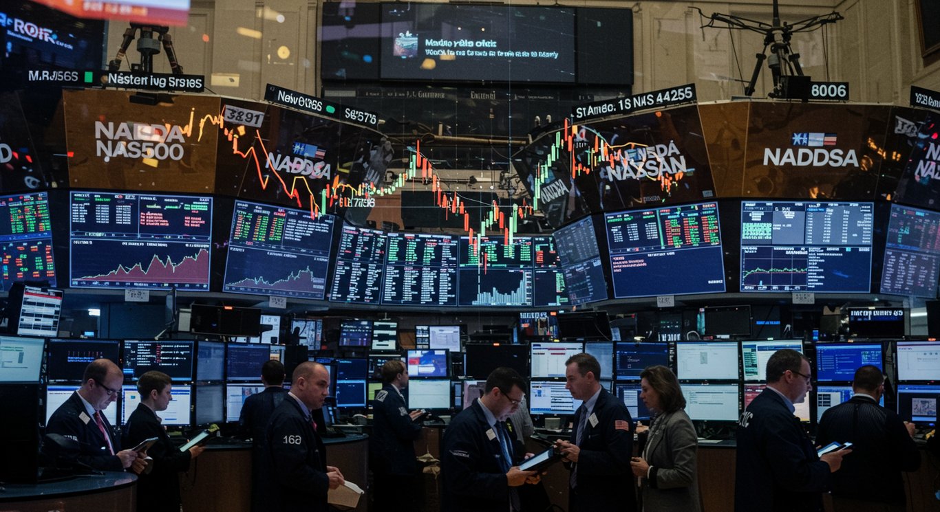 Image depicting a dynamic stock market scene reflecting current economic uncertainties and opportunities.