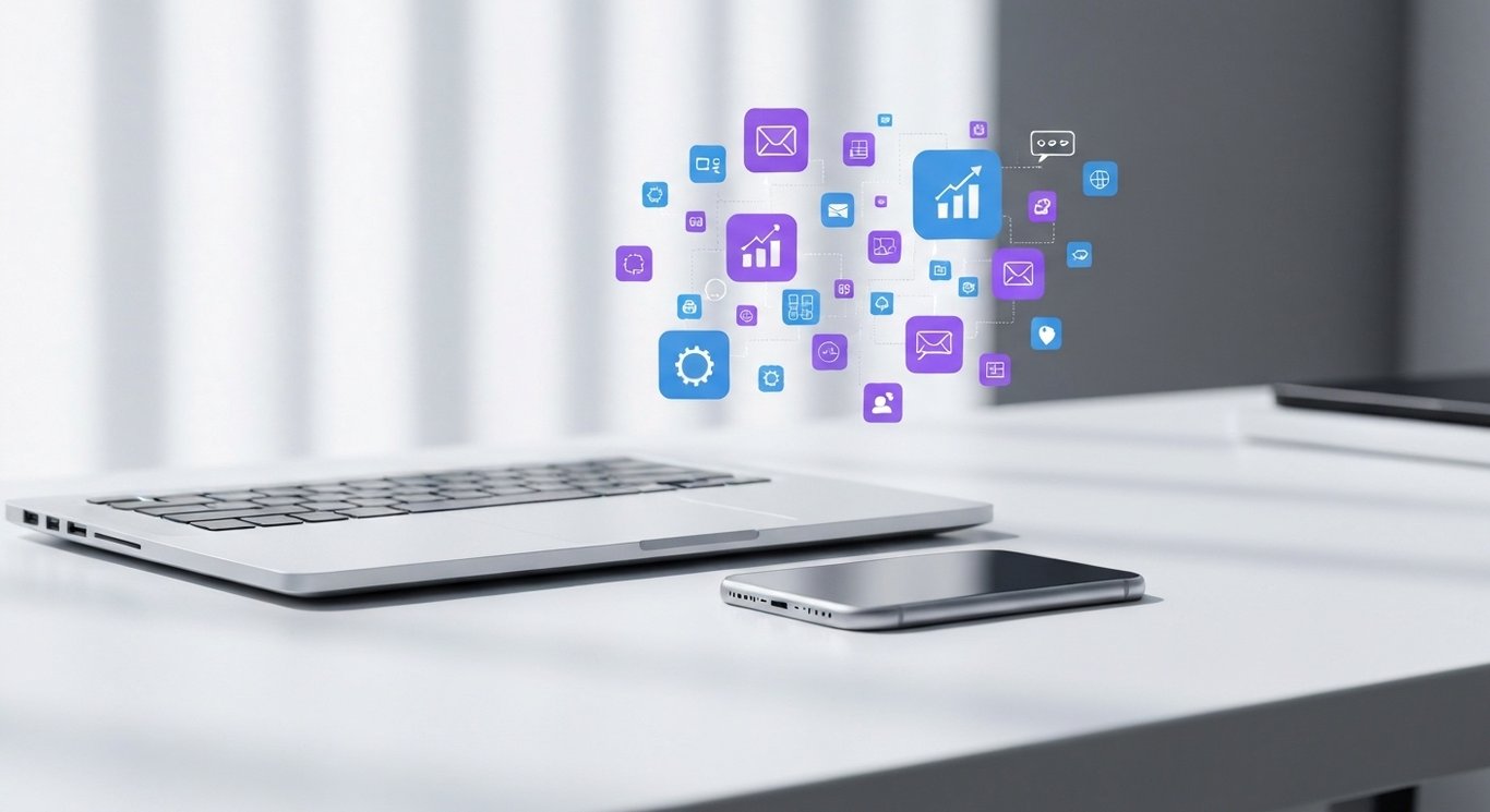 Laptop and smartphone on a desk with abstract digital marketing icons in a purple-themed setting