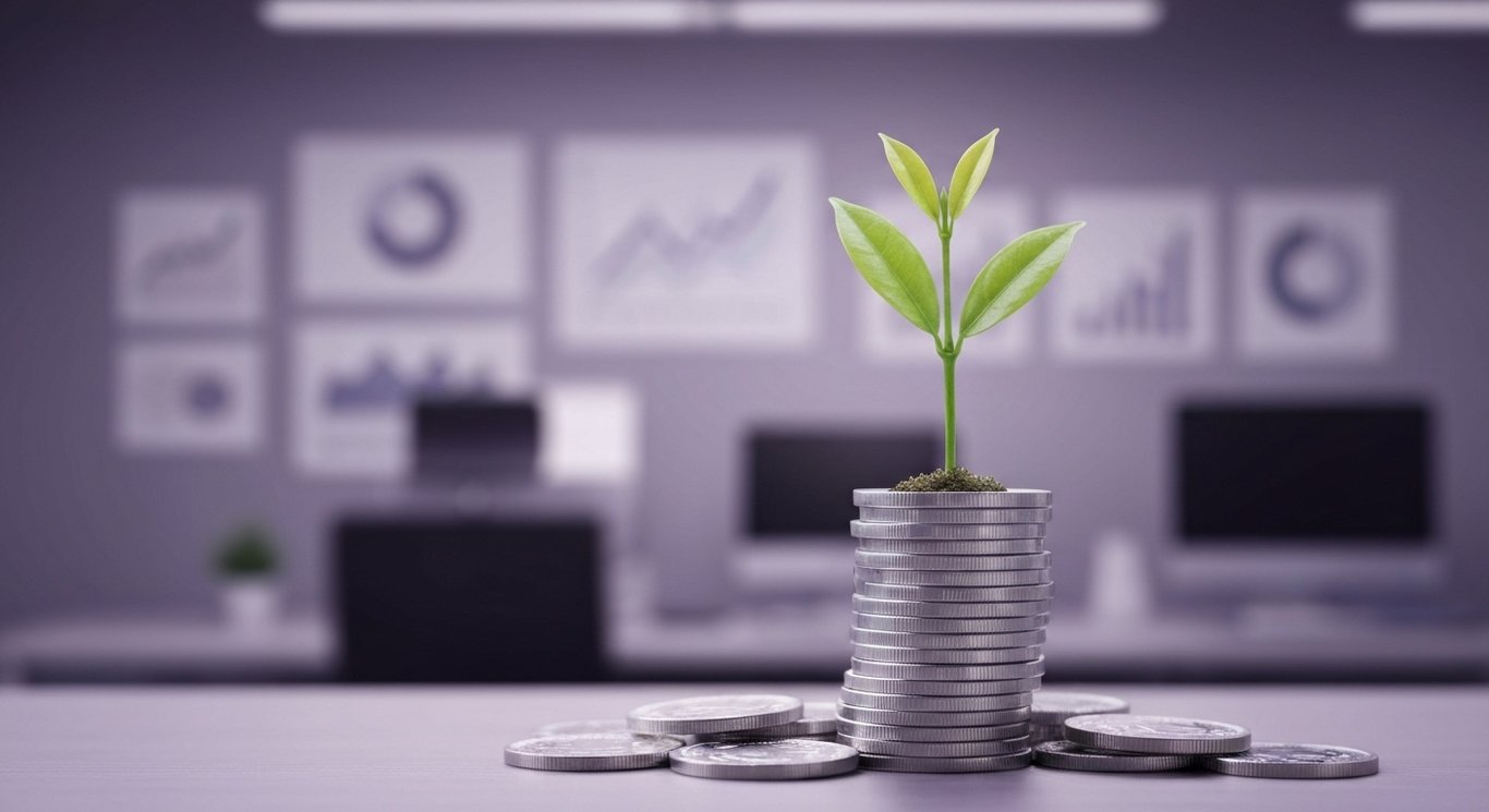 Silver coins stacked with a green plant sprouting, set against a modern office with purple accents