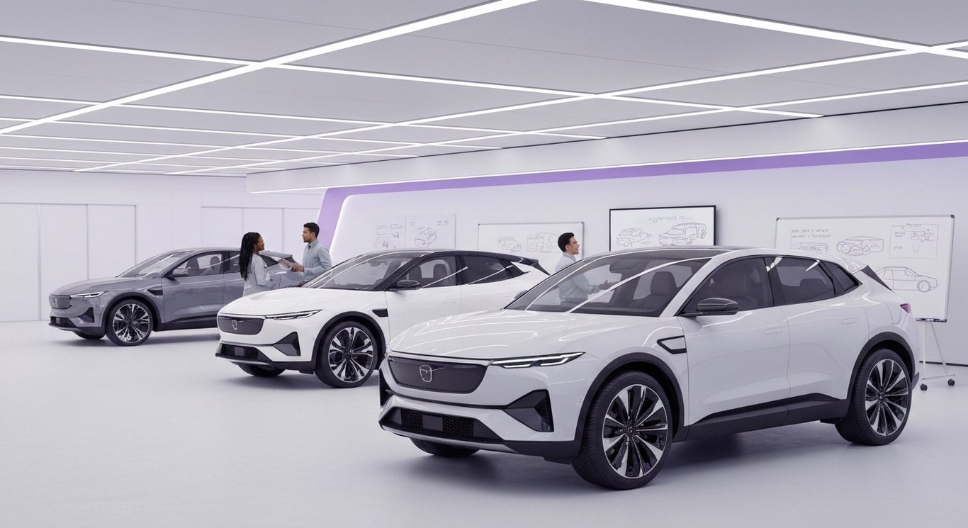 Electric SUV prototypes in a design studio with engineers collaborating in a purple-themed minimalist space