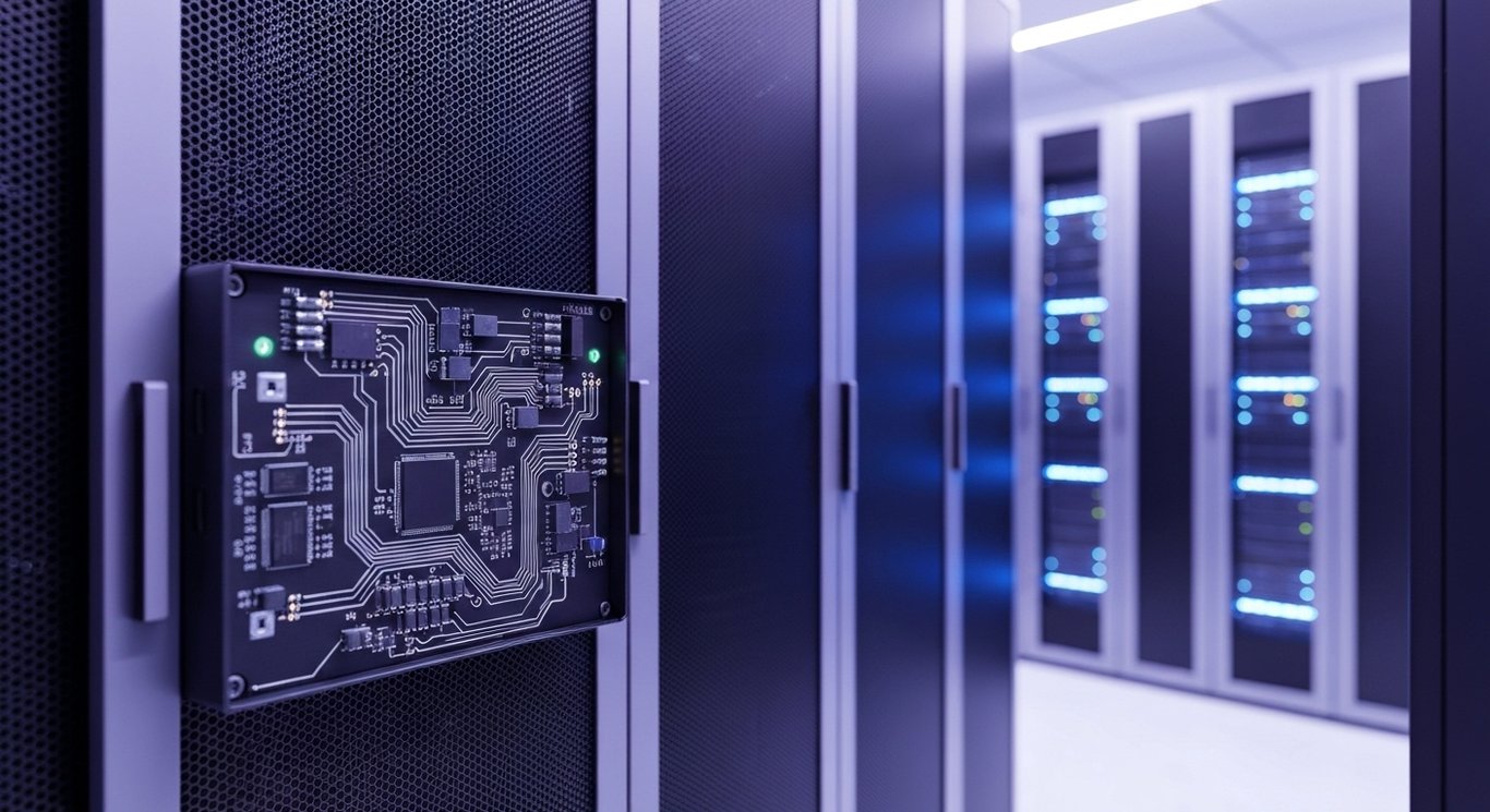 Power electronics module in a modern data center with glowing purple-lit server racks