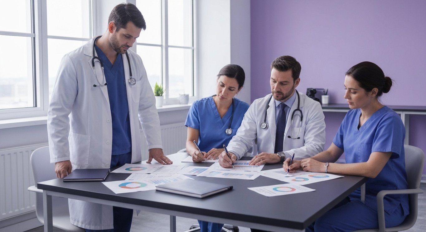 Concerned healthcare professionals analyze financial charts in a modern office with soft purple walls