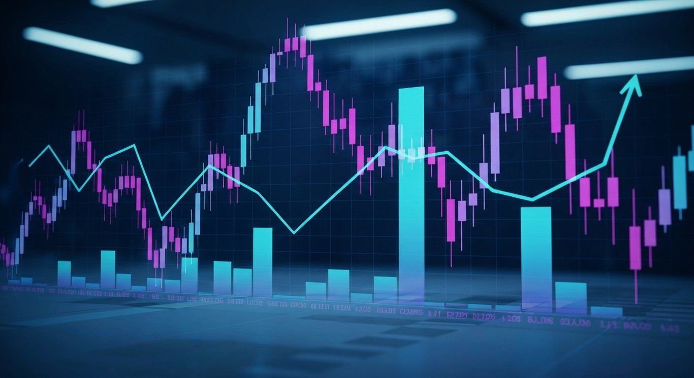 Stock market charts with dynamic lines on a modern trading floor with a soft purple background
