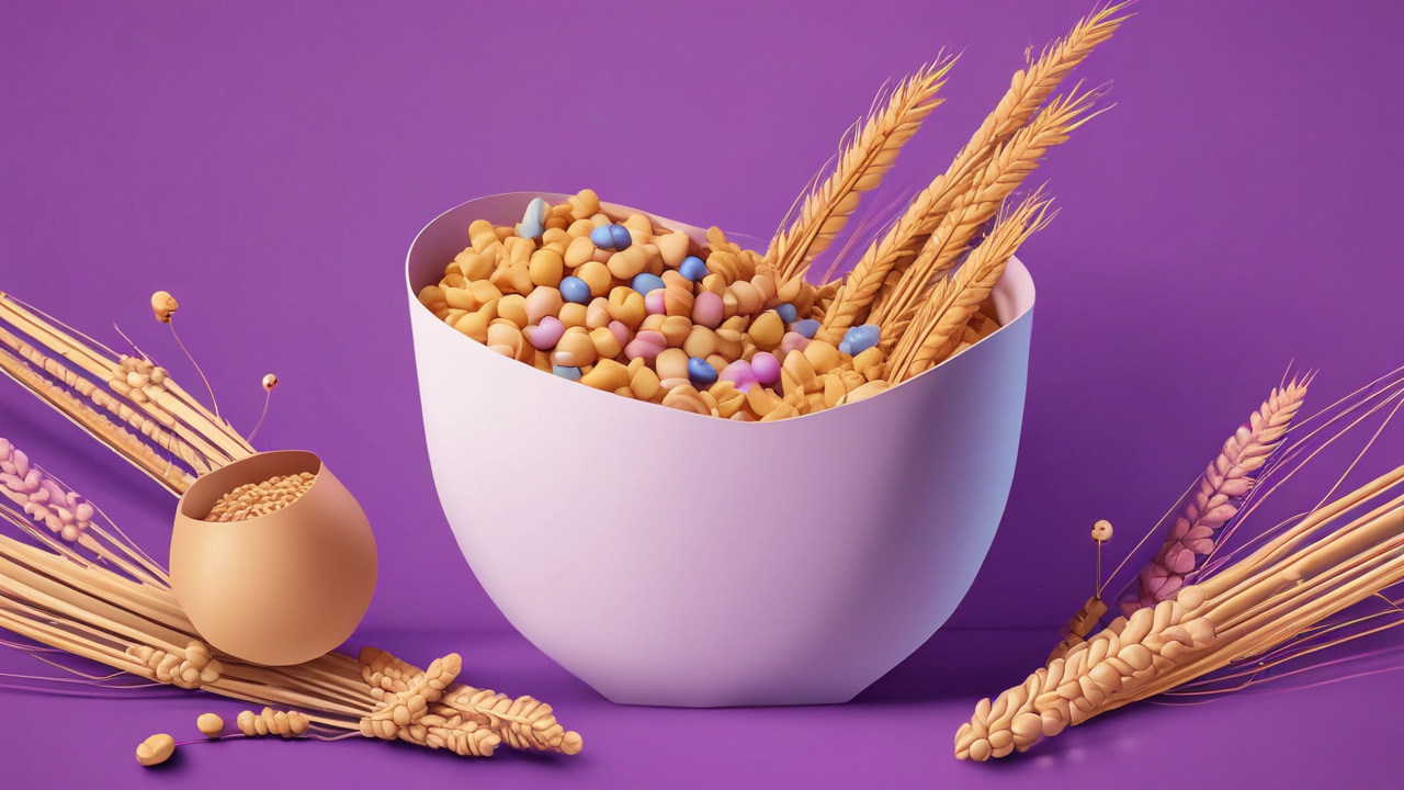 Modern cereal box with a bowl of cereal and wheat stalks against an abstract purple background