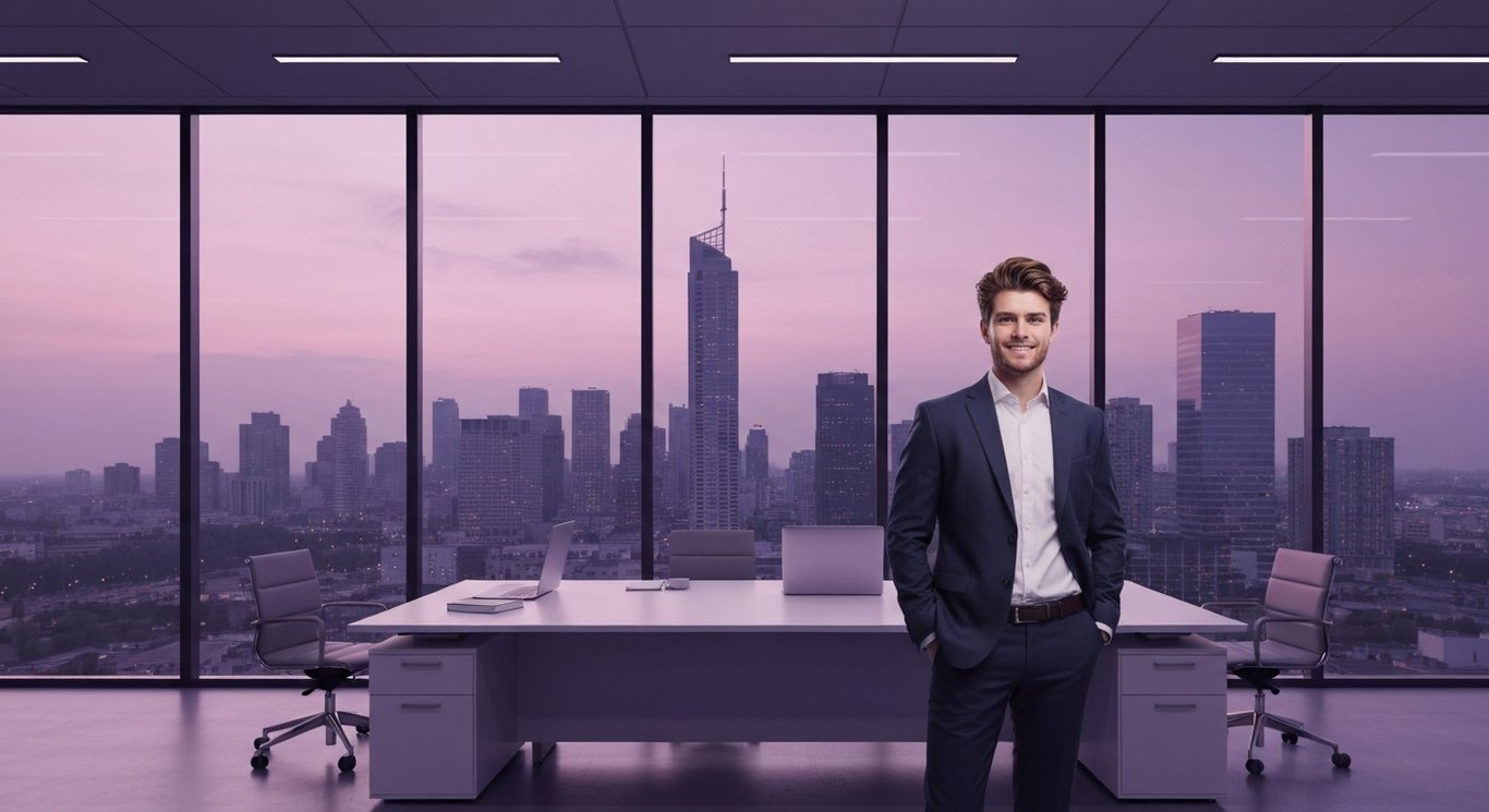 Business executive in modern office with city skyline at dusk and a purple-lit atmosphere