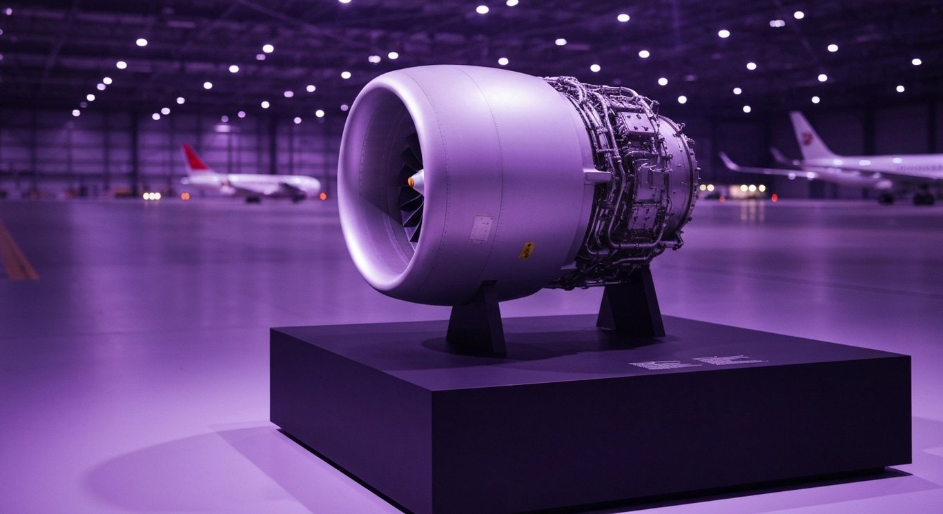 Modern commercial jet engine on pedestal in a softly lit airport hangar with purple accents