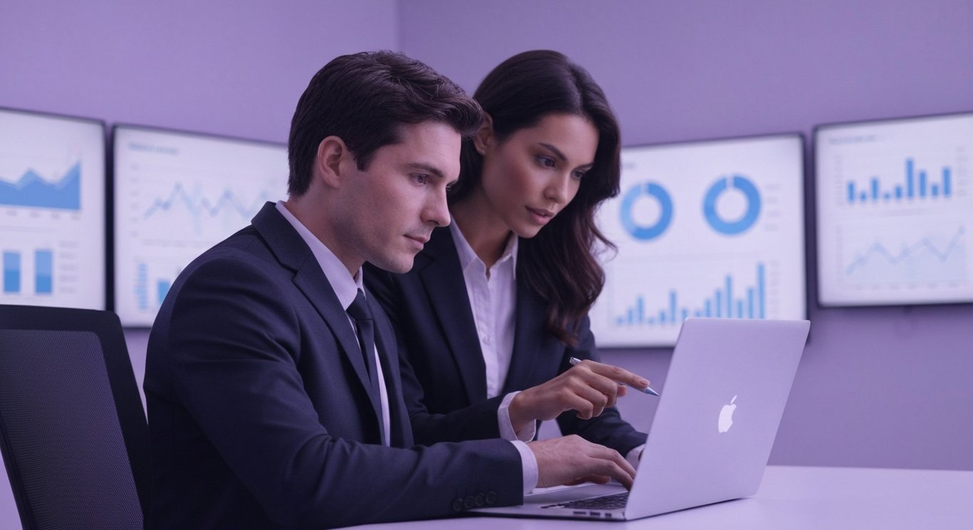 Business professionals study data on a laptop in a modern office with purple accents