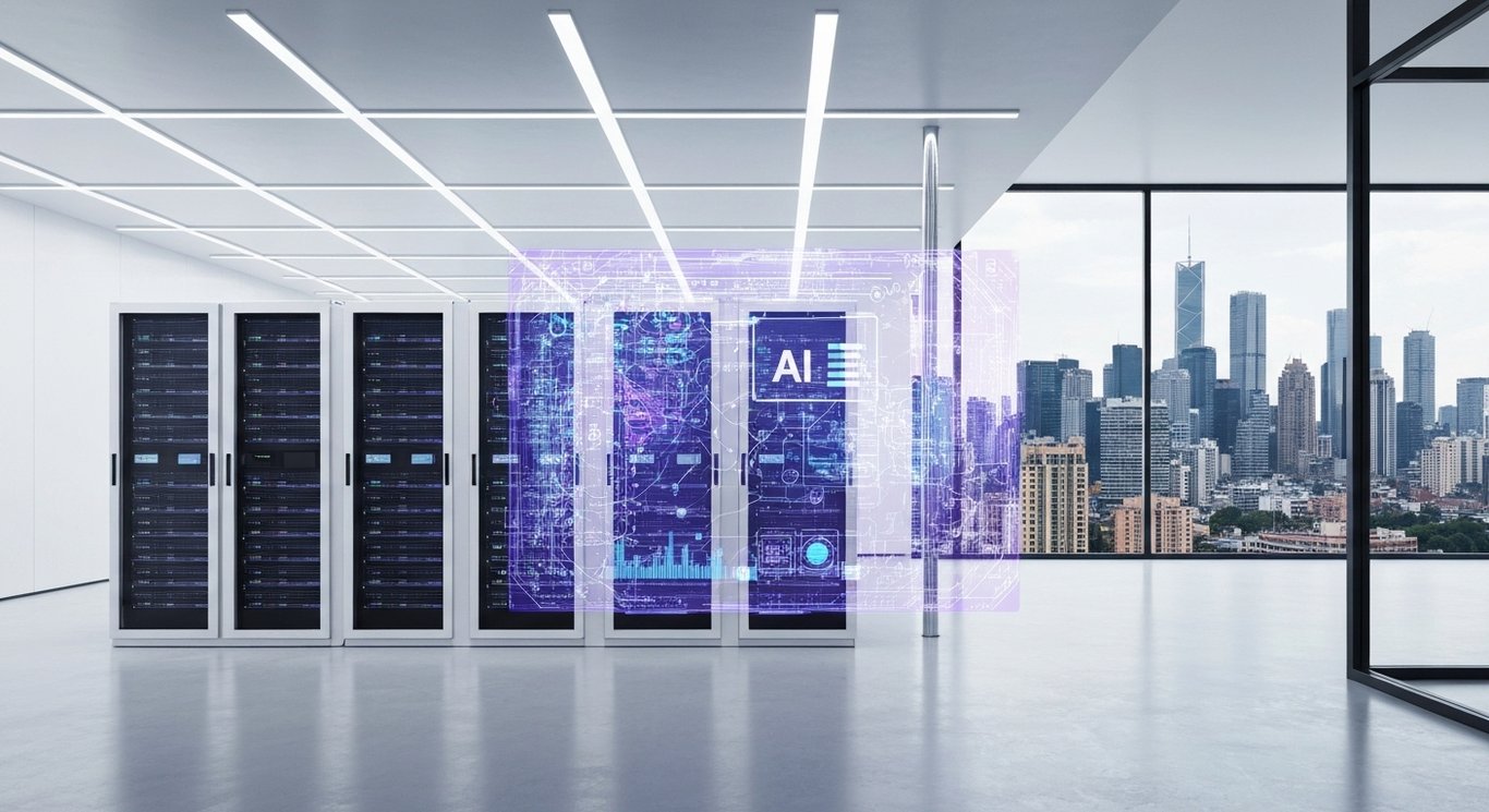 Corporate building interior with cloud servers and digital AI displays against a city view