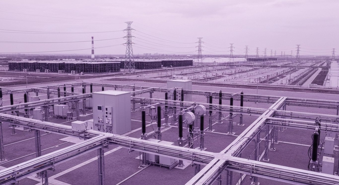 Power plant with electrical grids and distant data centers, connected by transmission lines, in a purple minimalist setting