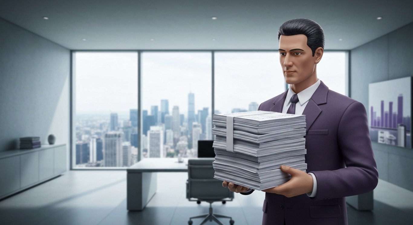 Corporate executive figurine examines a stack of reports in an office with a purple cityscape backdrop