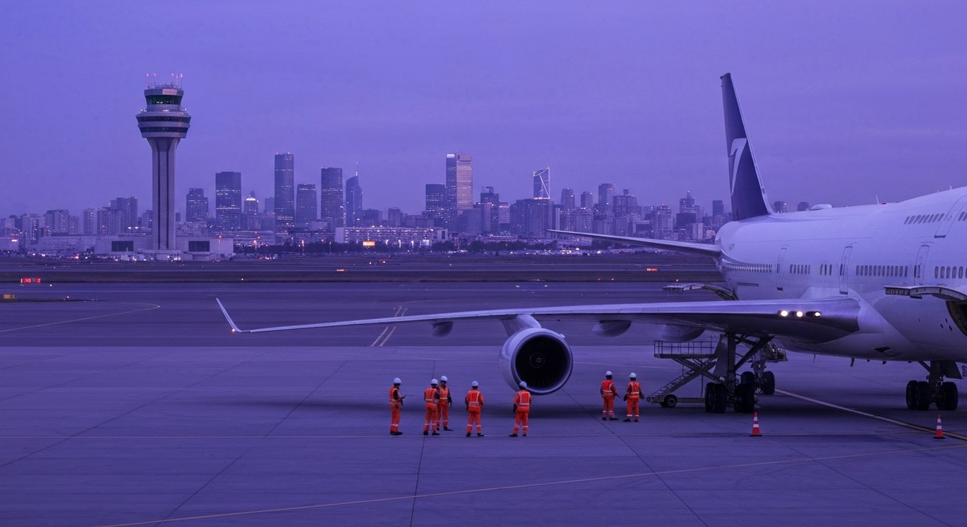 Passenger airplane on airport tarmac with maintenance crew and a soft purple skyline in the background