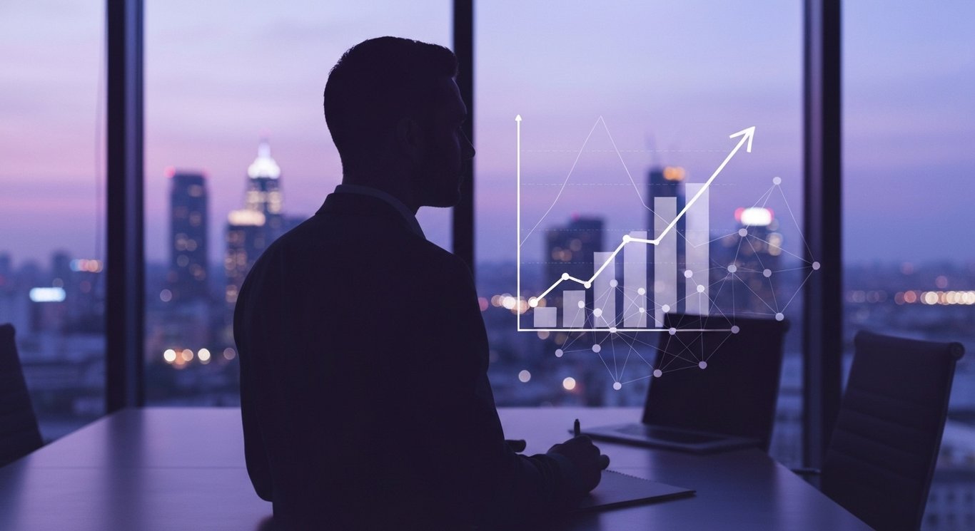 Finance leader silhouette in a modern boardroom with city skyline and a rising line motif glowing in purple tones
