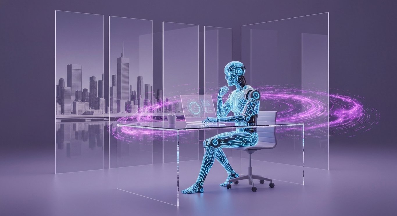 Futuristic humanoid robot at transparent desk with glowing data streams and a purple cityscape background