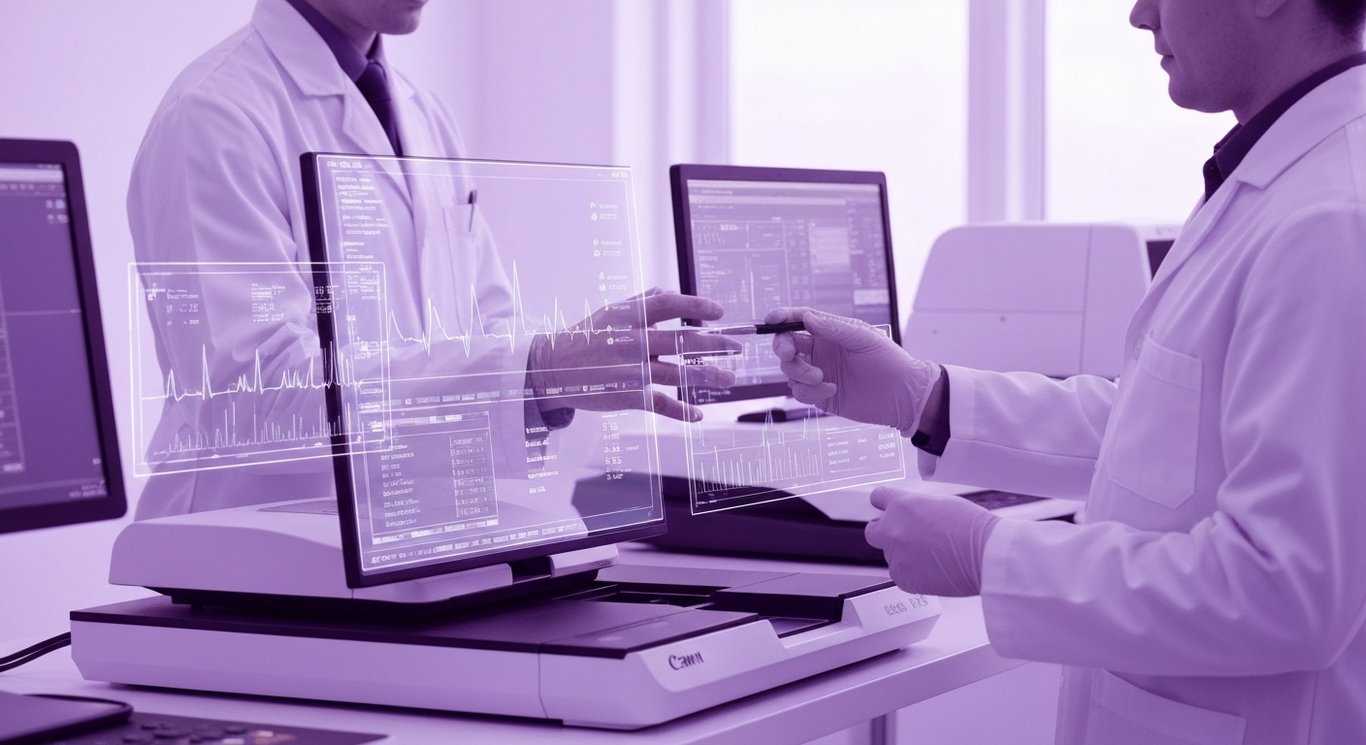 Laboratory instruments with scientists analyzing transparent data overlays in a purple-themed modern lab