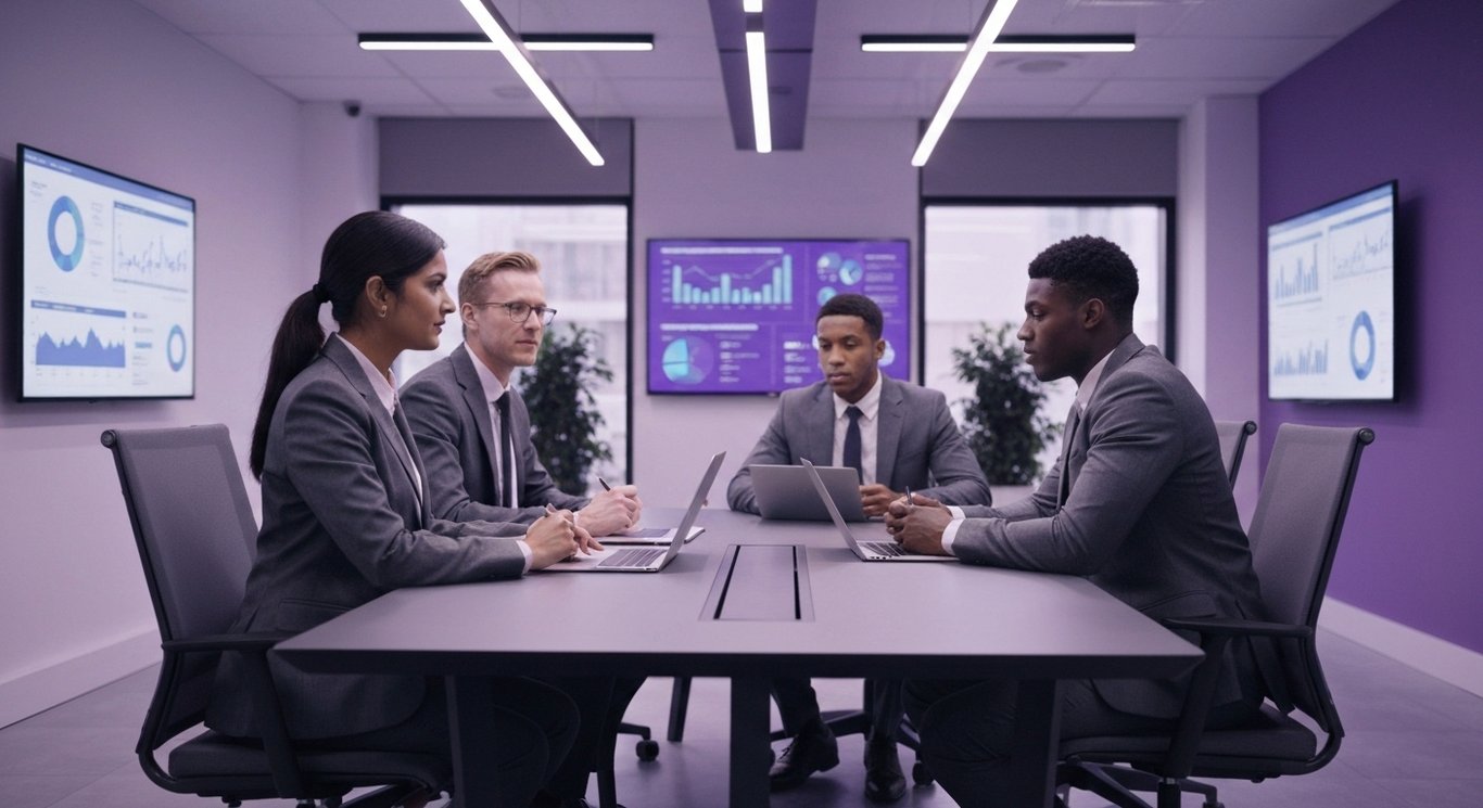 Business team in formal attire meeting around a table with digital charts in a modern office
