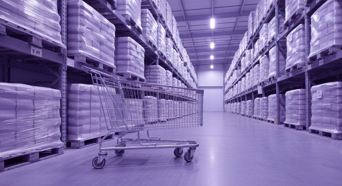 Warehouse aisle with bulk goods and a metal shopping cart under soft purple lighting