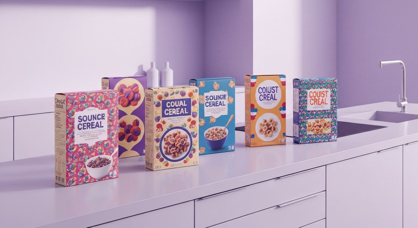 Cereal boxes with colorful designs on a modern kitchen counter under soft natural light