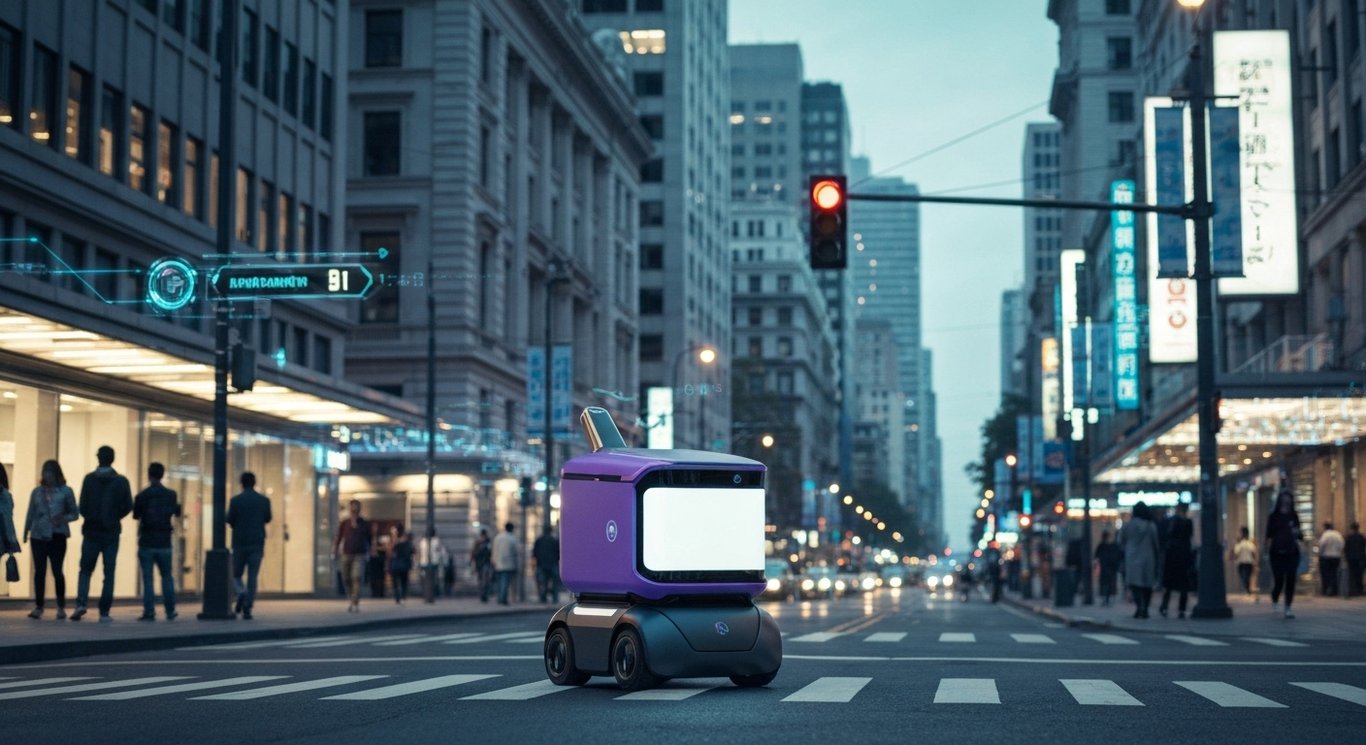 Modern delivery robot moving along a city street with hints of digital overlays and a soft purple background