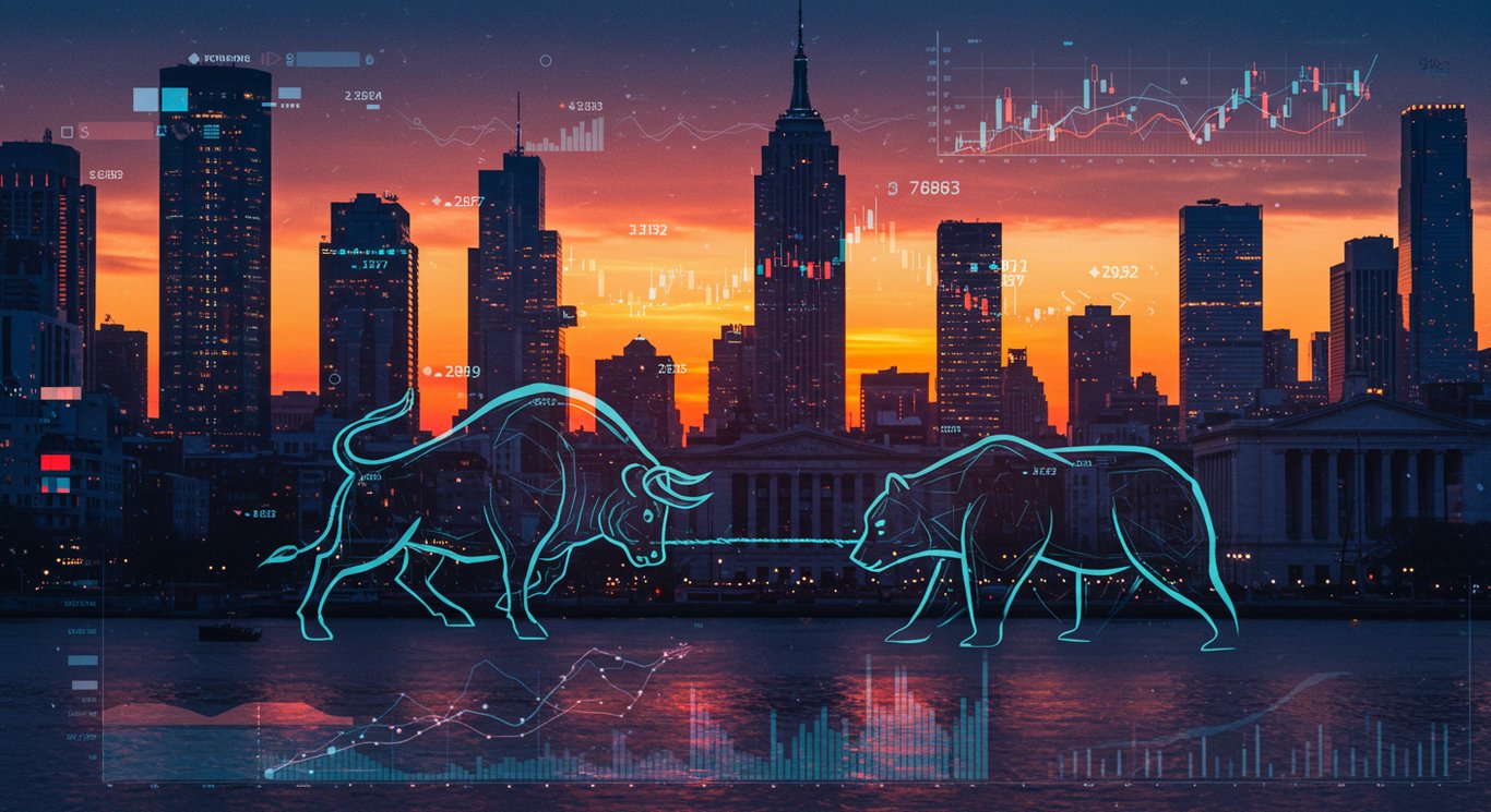 Modern digital painting of a cityscape blending financial and tech elements, symbolizing a mixed market with bull and bear icons.