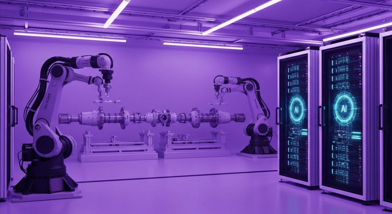 Modern industrial automation system with robotic arms and aerospace parts in a sleek high-tech facility