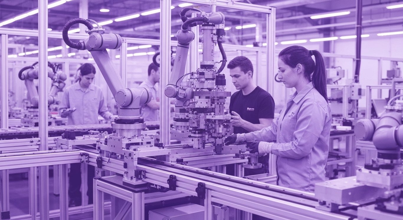 Industrial robotics assembly line with workers in a modern factory and a soft purple-tinted background